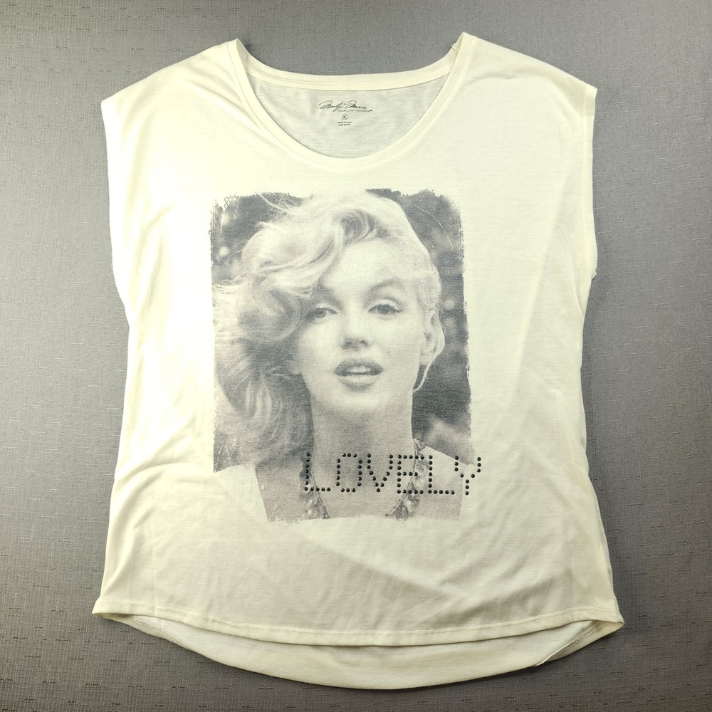 Marilyn Monroe Graphic T Shirt XL Cream White Rhinestone Lovely Sleeveless Top
